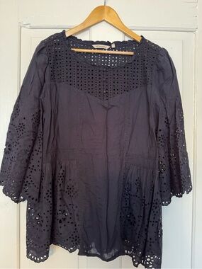 Soft Surroundings Black Eyelet Tunic with Scalloped Edges